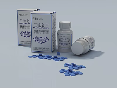 Triazolam Tablets Medication Boxes And Bottles With Scattered Blue Pills 3d model