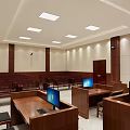 Modern Courtroom Interior With Judge's Bench Audience Chairs Wooden Furniture And National Emblem