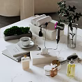 Daily Living Essentials With Towel Rolls Hairdryer Tissue Box Coffee Cup Greenery On Marble Table
