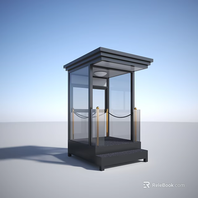 Modern Security Booth With Glass Walls Black Frame And Steps Design 3d model 