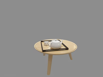 Minimalist White Teapot With Black Tray On Light Colored Round Wooden Table 3d model