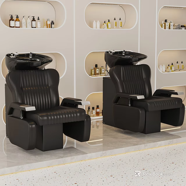Black Foot Massage Chairs In Spa With White Walls Curved Shelves And Essential Oil Bottles 3d model 