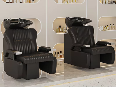 Black Foot Massage Chairs In Spa With White Walls Curved Shelves And Essential Oil Bottles 3d model