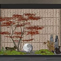 Serene Indoor Landscape With Red Maple Tree Bamboo Screen Round Stone And Moss Decorative Elements 3d model