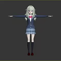 Anime Girl Character With Light Green Hair In Blue School Uniform And Pink Bow