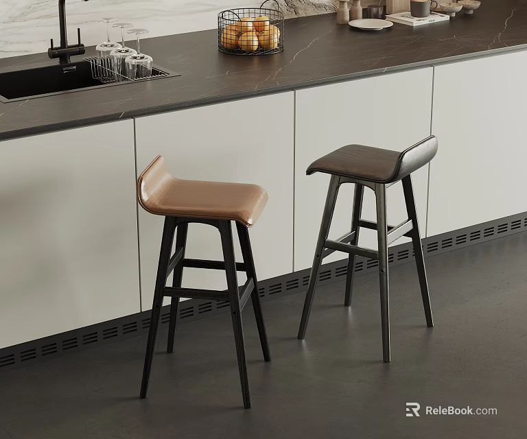 Modern Bar Stools With Brown And Dark Brown Leather Seats In Kitchen Counter 3d model 
