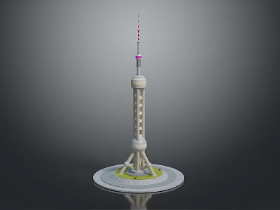 Detailed Oriental Pearl Tower Model With Circular Base Green Lawn And Antenna 3d model