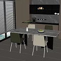 Modern Dining Table Set With Marble Top Gray Beige Chairs And Kitchen Cabinets 3d model