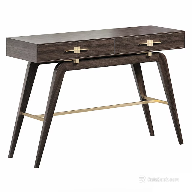 Dark Brown Wooden Desk with Two Drawers Gold Metal Handles Curved Legs And Golden Crossbar 3d model 