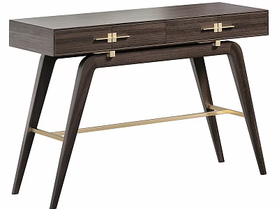 Dark Brown Wooden Desk with Two Drawers Gold Metal Handles Curved Legs And Golden Crossbar 3d model