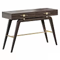 Dark Brown Wooden Desk with Two Drawers Gold Metal Handles Curved Legs And Golden Crossbar
