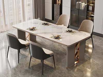 Elegant Modern Dining Table Set With Marble Top And Four Gray Chairs Metal Accents 3d model