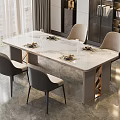 Elegant Modern Dining Table Set With Marble Top And Four Gray Chairs Metal Accents