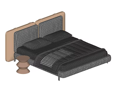 Double Bed With Beige And Gray Woven Headboard Black Pillows Checkered Quilt And Round Nightstand 3d model