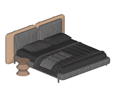 Double Bed With Beige And Gray Woven Headboard Black Pillows Checkered Quilt And Round Nightstand 3d model
