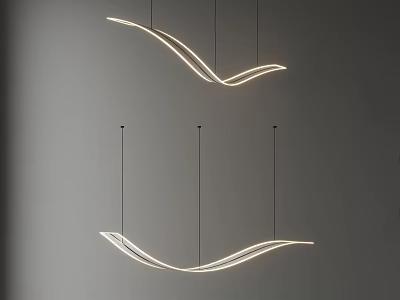 Modern Curved Pendant Lights with Illuminated Wave Design Hanging in Gray Minimalist Interior 3d model