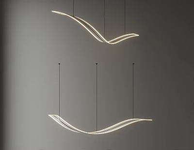 Modern Curved Pendant Lights with Illuminated Wave Design Hanging in Gray Minimalist Interior 3d model