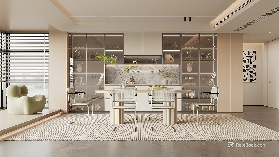 Modern Restaurant Interior Design With Open Kitchen Marble Counter And Dining Chairs 3d model