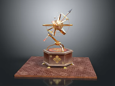 Antique Astronomical Brass Device With Hexagonal Base And Decorative Wooden Platform 3d model