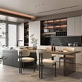 Modern Restaurant Dining Area With Open Kitchen Table Chairs Cabinets Plants And Windows
