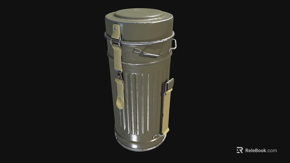Industrial Gray Cylindrical Metal Storage Container with Straps Handles and Ribbed Surface 3d model 