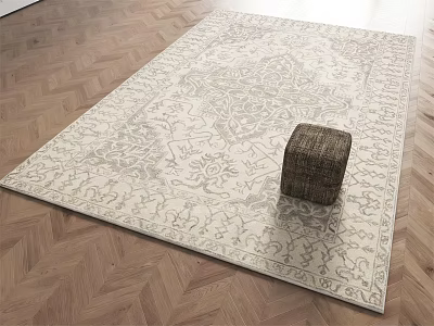 Beige Square Rug With Gray Intricate Patterns On Herringbone Wooden Floor With Woven Stool Accent 3d model