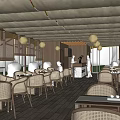 Cozy Restaurant Interior Featuring Wooden Ceiling Wicker Furniture Large Windows And Blinds