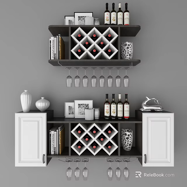 Modern Wine Cabinet with Wine Bottles Glasses Books and Decorative Items 3d model 