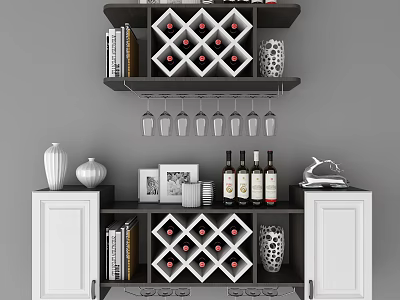 Modern Wine Cabinet with Wine Bottles Glasses Books and Decorative Items 3d model