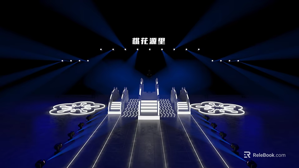 Modern Stage Design With Illuminated Steps Blue Lighting And Floral Decor 3d model 