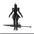 Standing Armored Character In Black Futuristic Armor With Spear Weapon