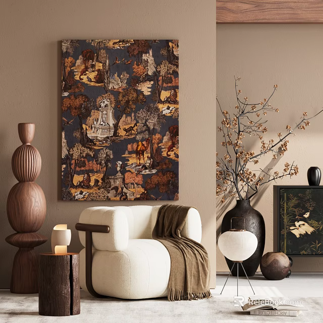 White Accent Chair In Cozy Interior With Brown Blanket Decorative Art And Vase 3d model 