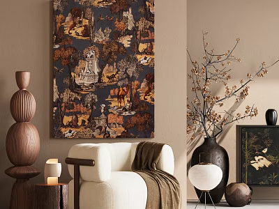 White Accent Chair In Cozy Interior With Brown Blanket Decorative Art And Vase 3d model