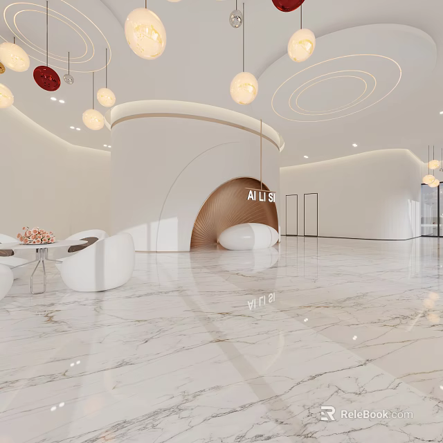 Elegant Modern Hotel Lobby Interior With Marble Floor Pendant Lights And White Curved Furniture 3d model 