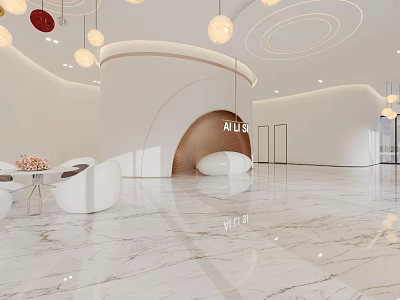 Elegant Modern Hotel Lobby Interior With Marble Floor Pendant Lights And White Curved Furniture 3d model