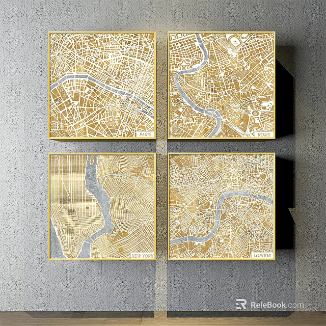 Four Gold Abstract Paintings With Map Lines And River Patterns In Black Frames On Grey Wall 3d model