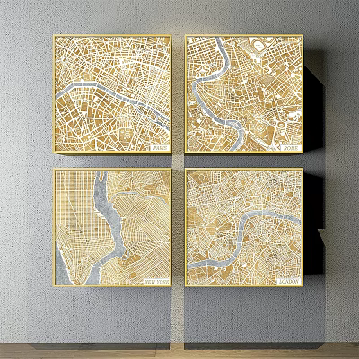 Four Gold Abstract Paintings With Map Lines And River Patterns In Black Frames On Grey Wall 3d model