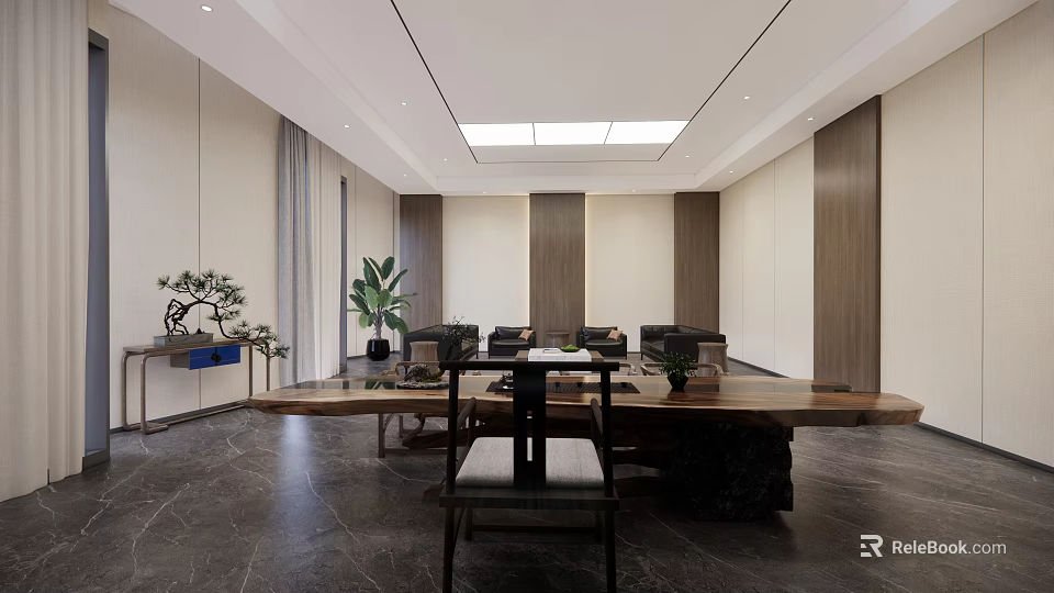 Spacious Modern Conference Room With Long Table Sofas Plants Wooden Walls And Skylight 3d model 
