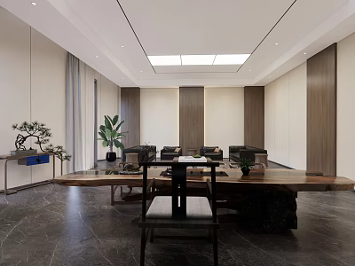 Spacious Modern Conference Room With Long Table Sofas Plants Wooden Walls And Skylight 3d model