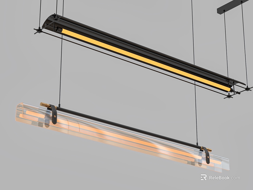 Modern Long Linear Pendant Lights With Black Metal Frame And Transparent Glass Shade 3d model 