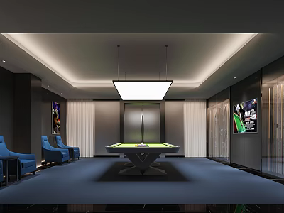 Modern Billiard Room Interior With Green Table Hanging Lights And Blue Chairs 3d model