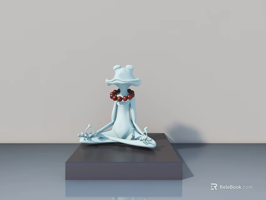 Light Blue Frog Statue in Lotus Position with Red Necklace on Black Base 3d model