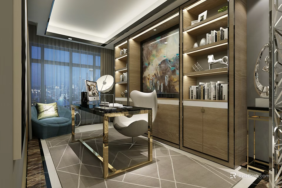 Luxury Modern Home Study Room With Gold Desk Built In Bookshelves And Cozy Lounge Chair 3d model 