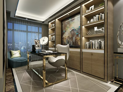 Luxury Modern Home Study Room With Gold Desk Built In Bookshelves And Cozy Lounge Chair 3d model