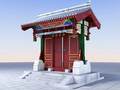 Traditional Chinese Red Gate With Green Pillars Decorated Roof And Stone Steps 3d model