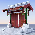 Traditional Chinese Red Gate With Green Pillars Decorated Roof And Stone Steps