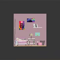 Cartoon Style Pink Bedroom With Bed Desk Lamp Bookshelf And Decorative Posters