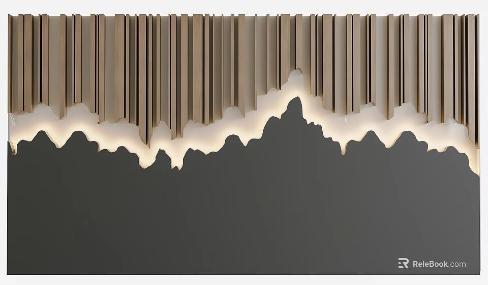 Modern Accent Wall Featuring Vertical Slat Design With Wavy LED Lighting And Wooden Finish 3d model 