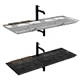 Gray And White Marble Washbasin With Black Faucet And Wooden Soap Dishes
