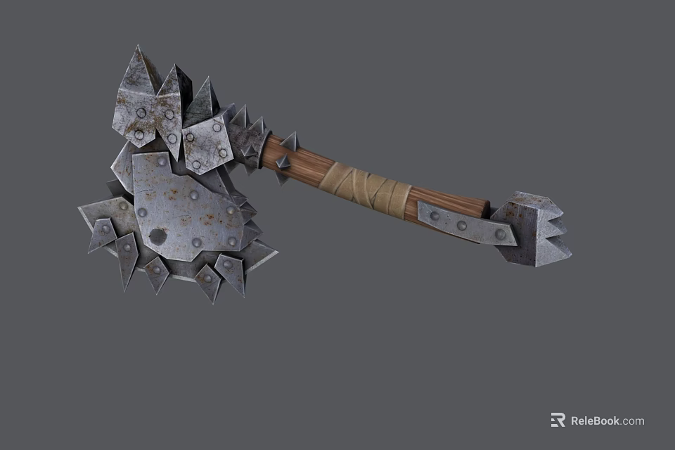 Detailed Metal Battle Axe Sculpture With Spiked Head Rivets And Wooden Wrapped Handle 3d model 